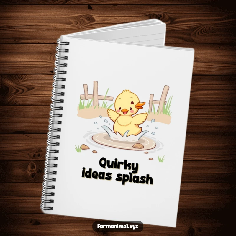 Funny duckling enthusiastically splashing in a barnyard puddle, a cute and humorous notebook for everyday use.