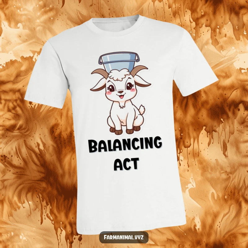 Funny goat character precariously balancing a bucket on its head, printed on a fun t-shirt.