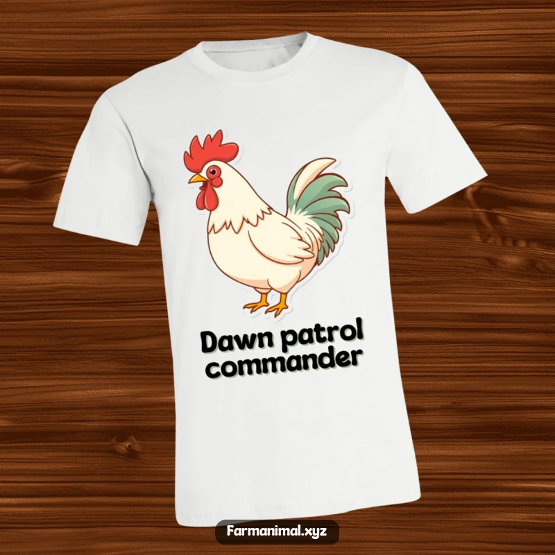 Funny Rooster Crowing T-Shirt, chest puffed out, head thrown back in a loud, comical morning call, a statement of farmyard bravado.