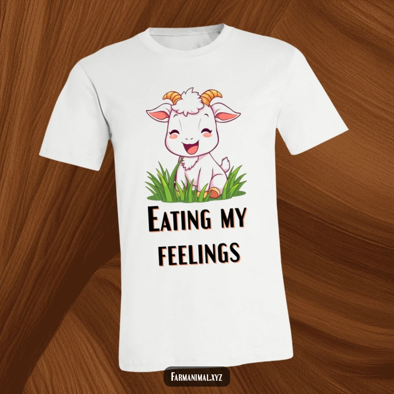 Funny goat t-shirt showcasing a joyful goat character with a bright smile, contentedly munching on grass in a cheerful outdoor scene.
