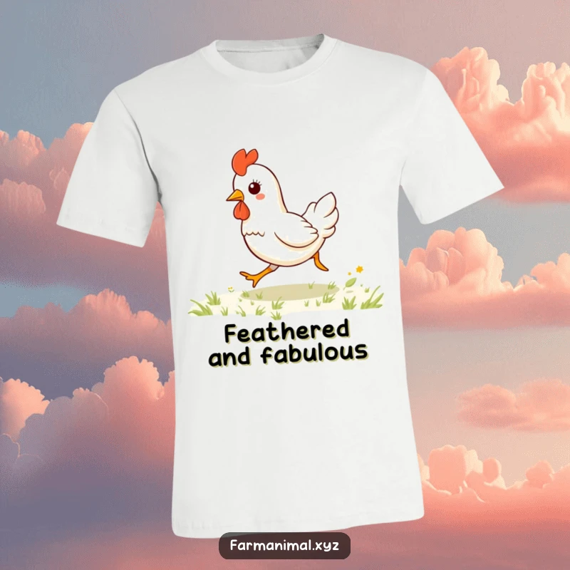 Funny kawaii chicken galloping joyfully across a green field, printed on a comfortable t-shirt, a humorous farm animal design.