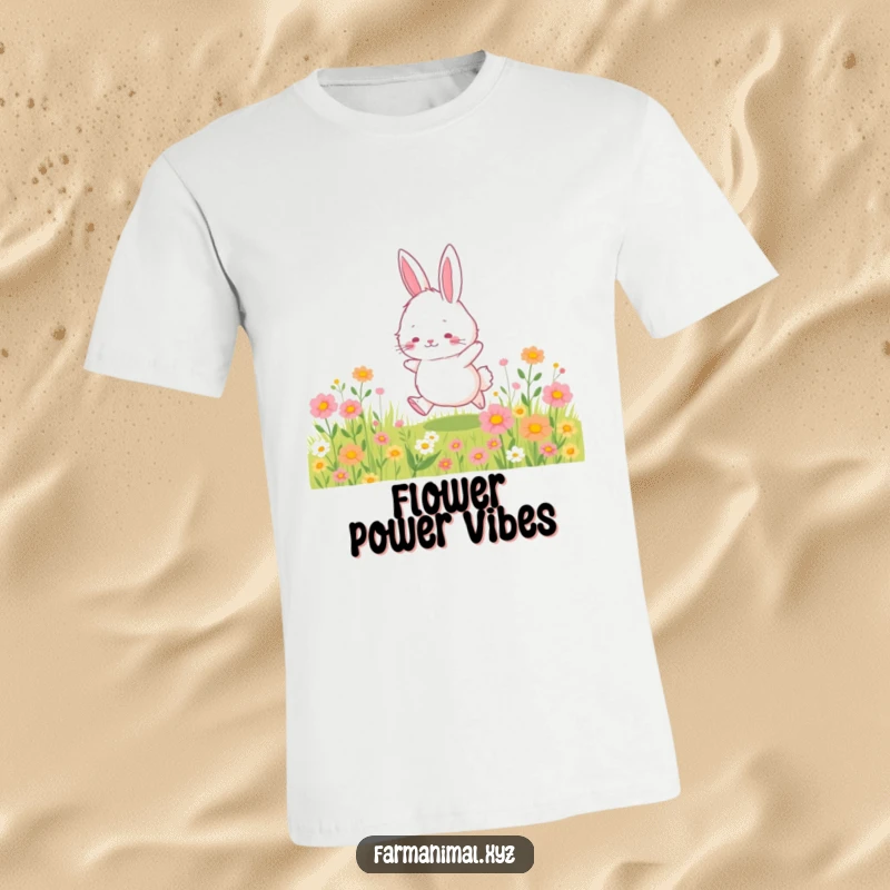 Funny bunny t-shirt showcasing a fluffy bunny character hopping energetically through a picturesque field of wildflowers, embodying spring joy.