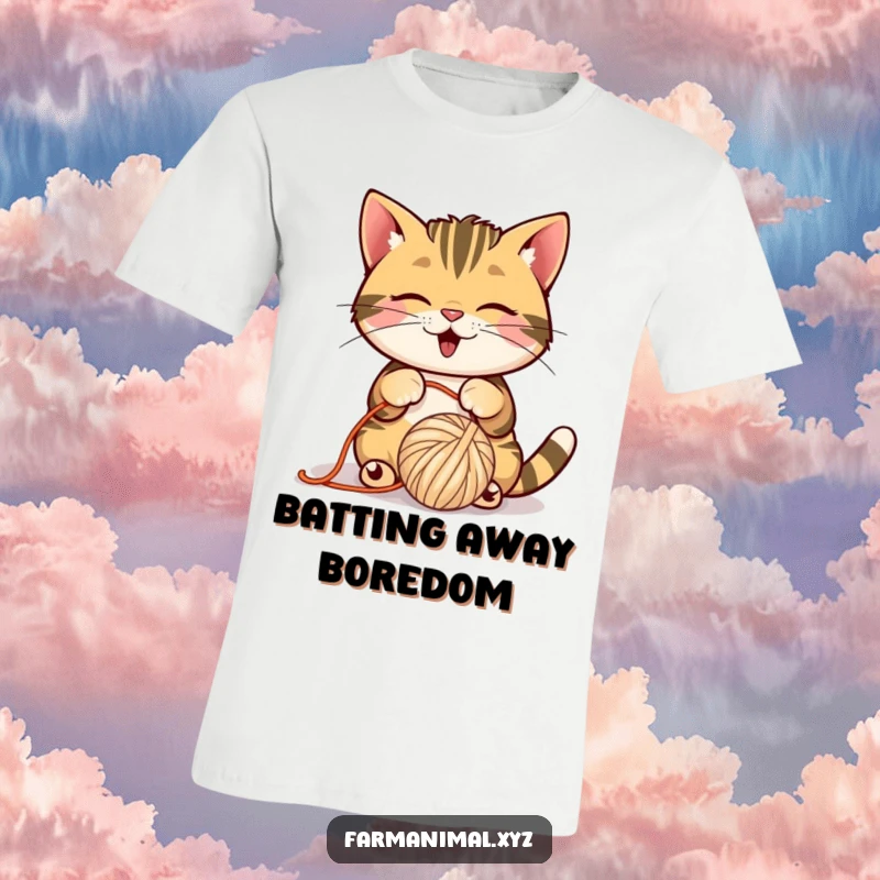 Funny Barn Cat T-Shirt featuring a playful cat batting a ball of yarn, soft and humorous.