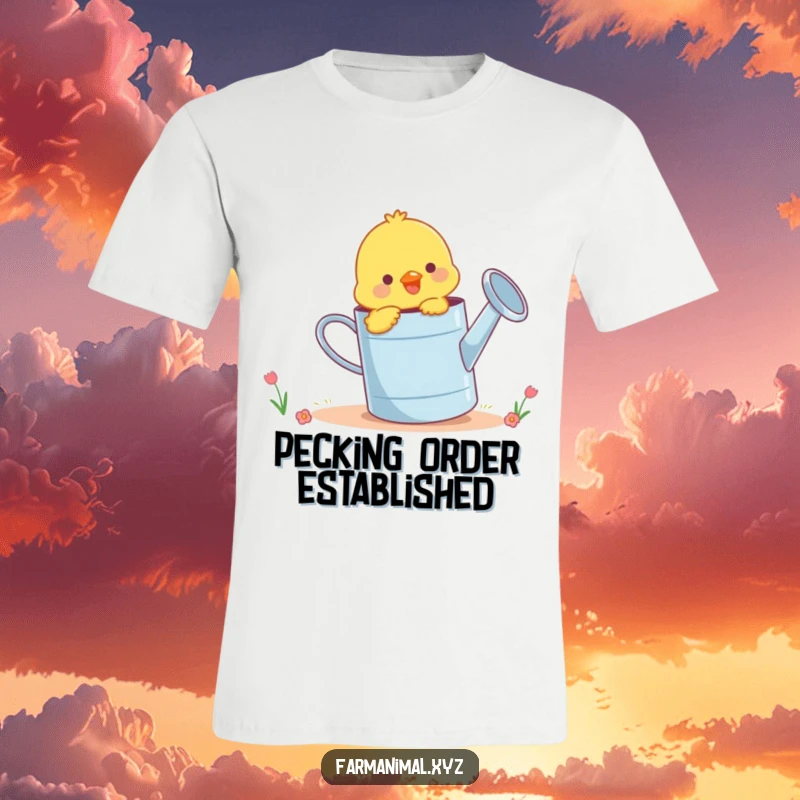 Funny chick pecking playfully at a giant watering can, a humorous and cute t-shirt for farm animal enthusiasts.