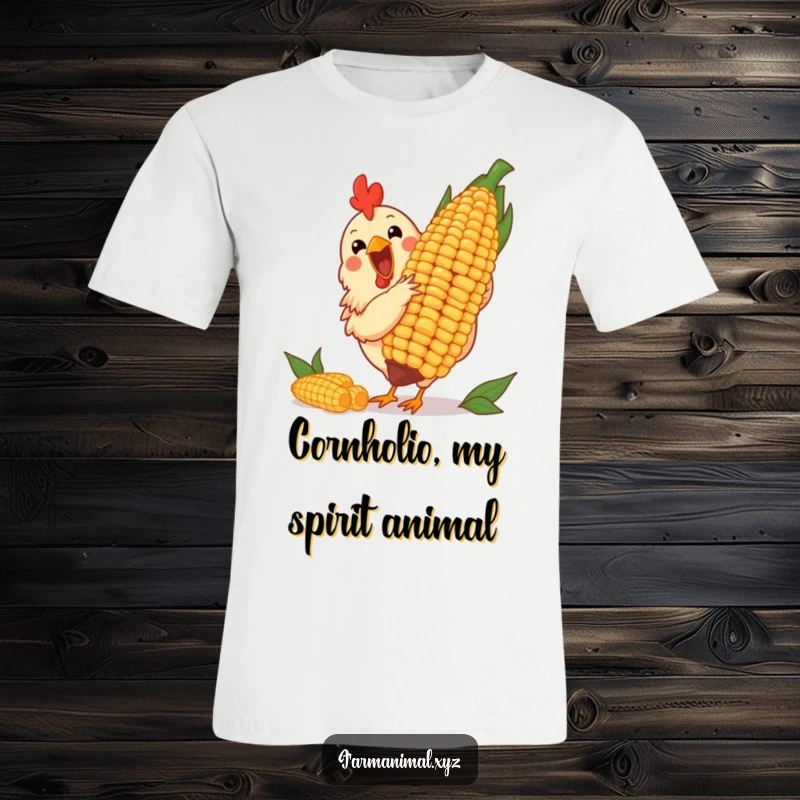 Funny t-shirt featuring a cheerful chicken excitedly pecking at a giant corn cob, perfect for farm fans.