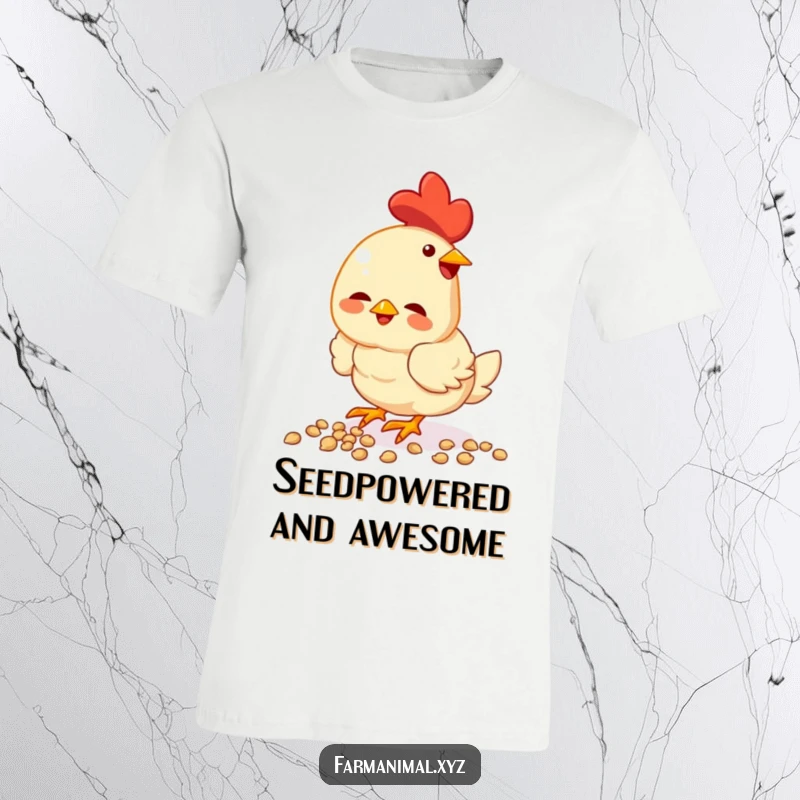 Funny chicken t-shirt, eagerly pecking seeds, with a determined and happy expression, a vibrant depiction of farmyard delight.