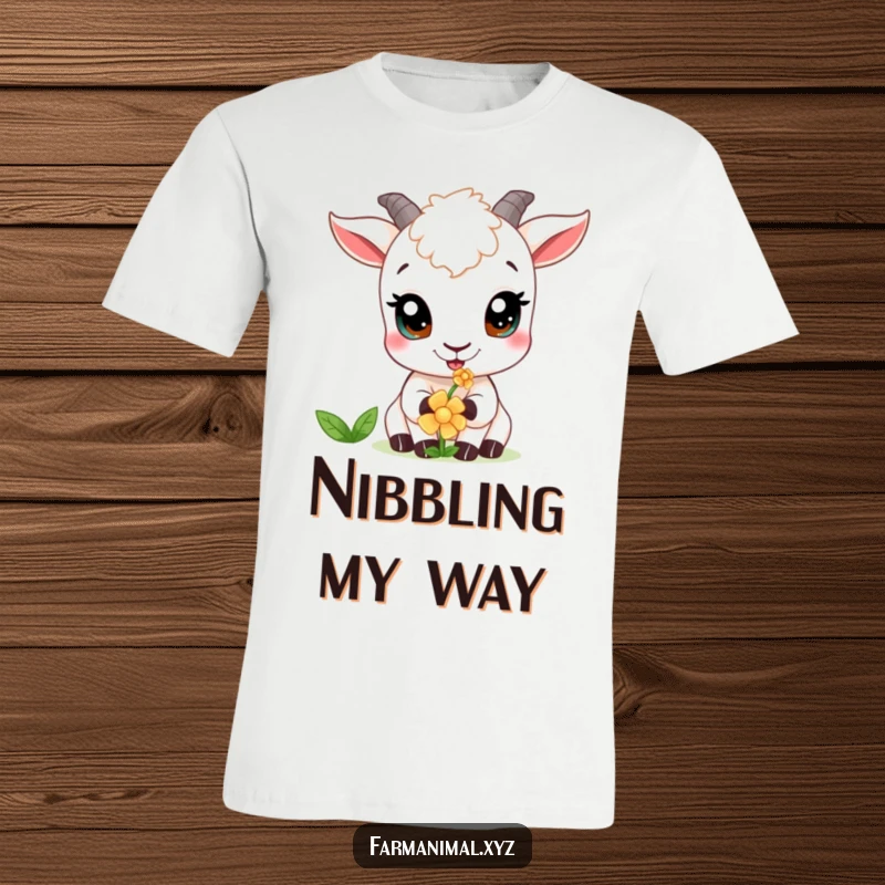 Funny goat t-shirt featuring a curious goat with big, innocent eyes nibbling a delicate flower.