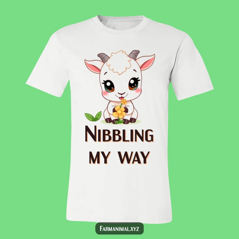 Funny Curious Goat T-Shirt: Flower Nibbler With Wide Eyes, Adorable Funny Gift Tee