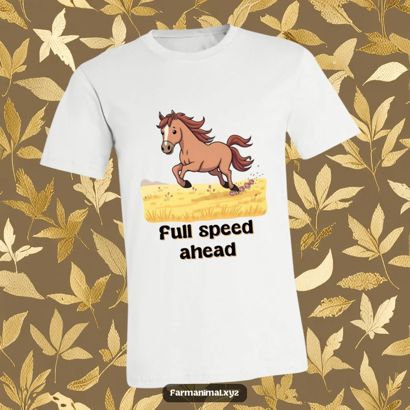 Funny T-Shirt depicting a powerful horse determinedly galloping across a vast field, conveying a sense of speed, freedom, and resilience.