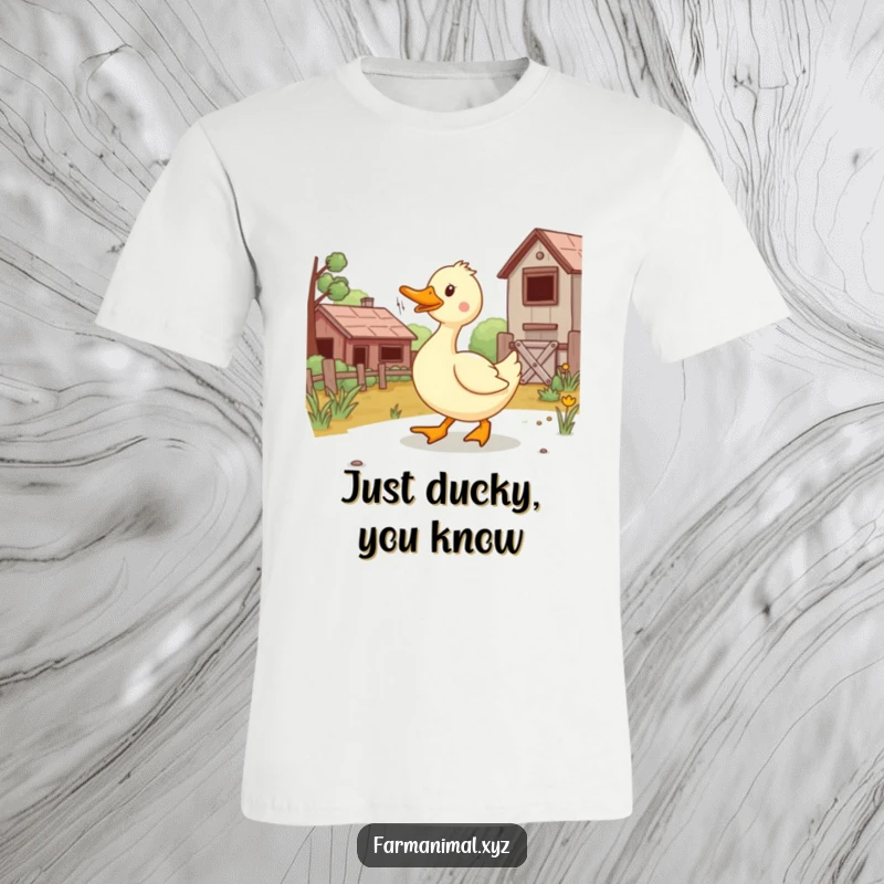 Funny duck waddling with pure joy across a vibrant farmyard, captured on a comfortable and humorous t-shirt.