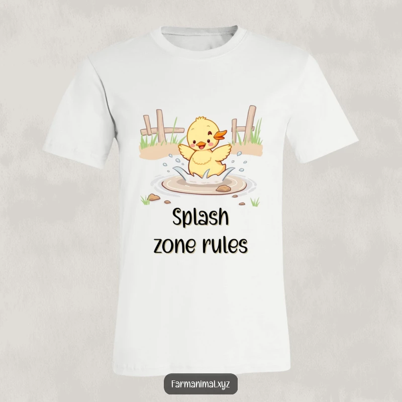 Funny duckling enthusiastically splashing in a barnyard puddle, a humorous and cute t-shirt for duck lovers.