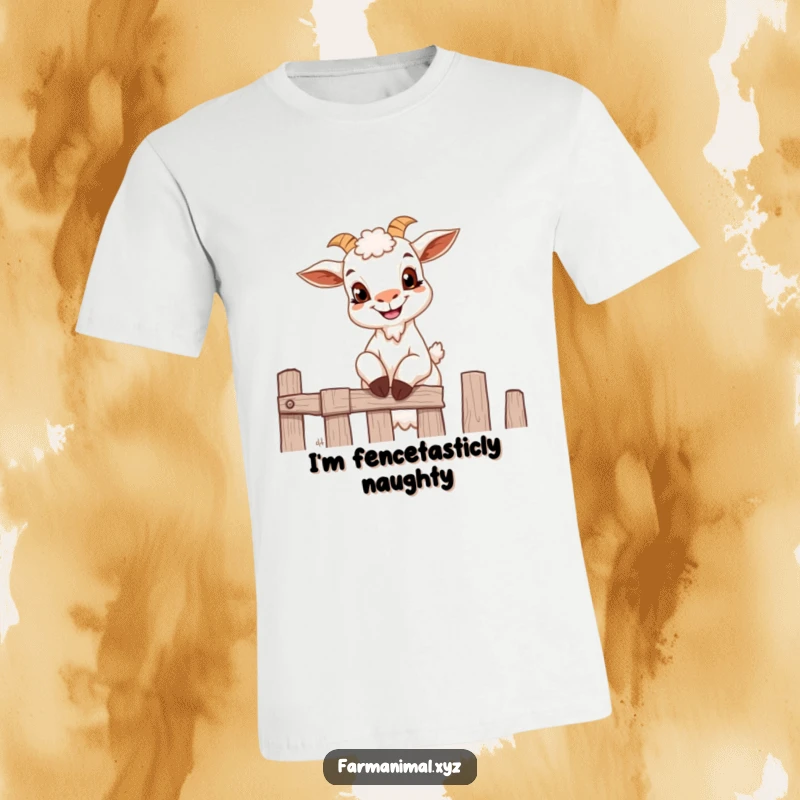 Funny goat t-shirt with a small goat grinning mischievously while attempting to climb a fence, perfect for humor.