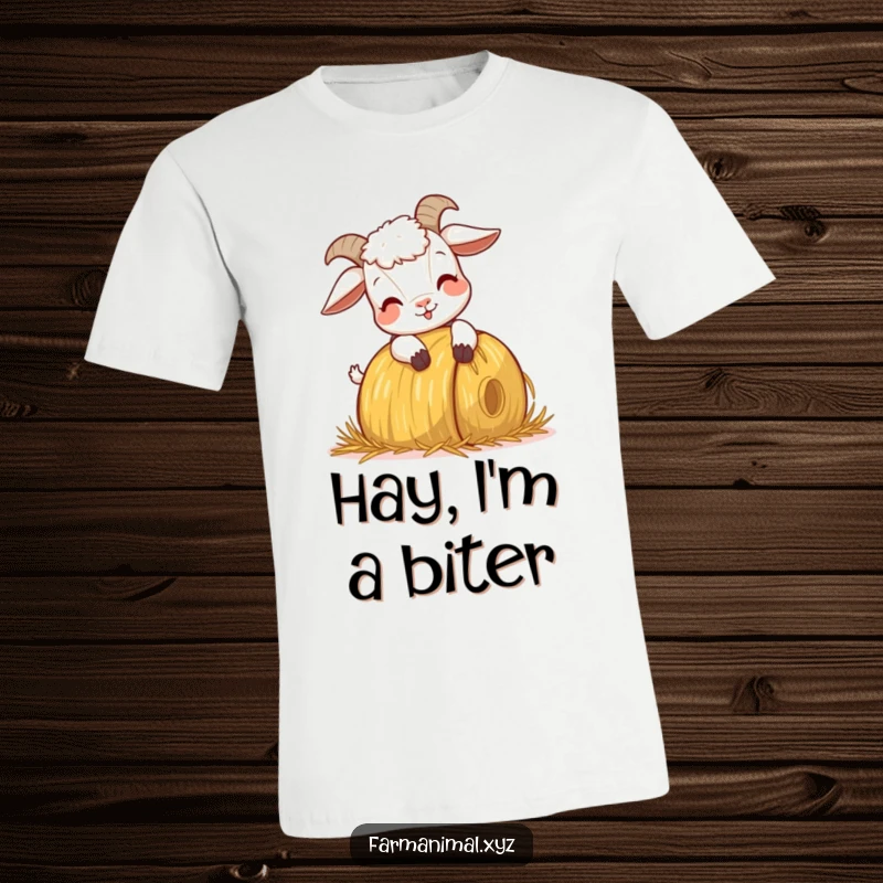 Funny Goat Headbutting T-Shirt, depicting a goat joyfully colliding with a stylized hay bale, showcasing a moment of pure farm fun and action.