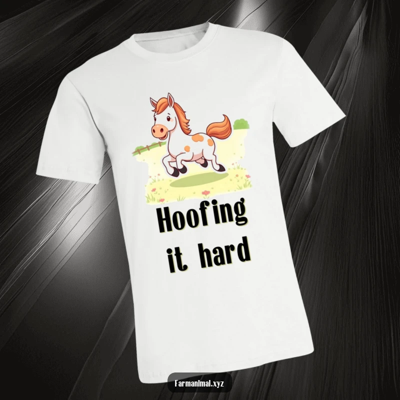 Funny happy horse character kicking its heels with abandon in a pasture, printed on a soft t-shirt.