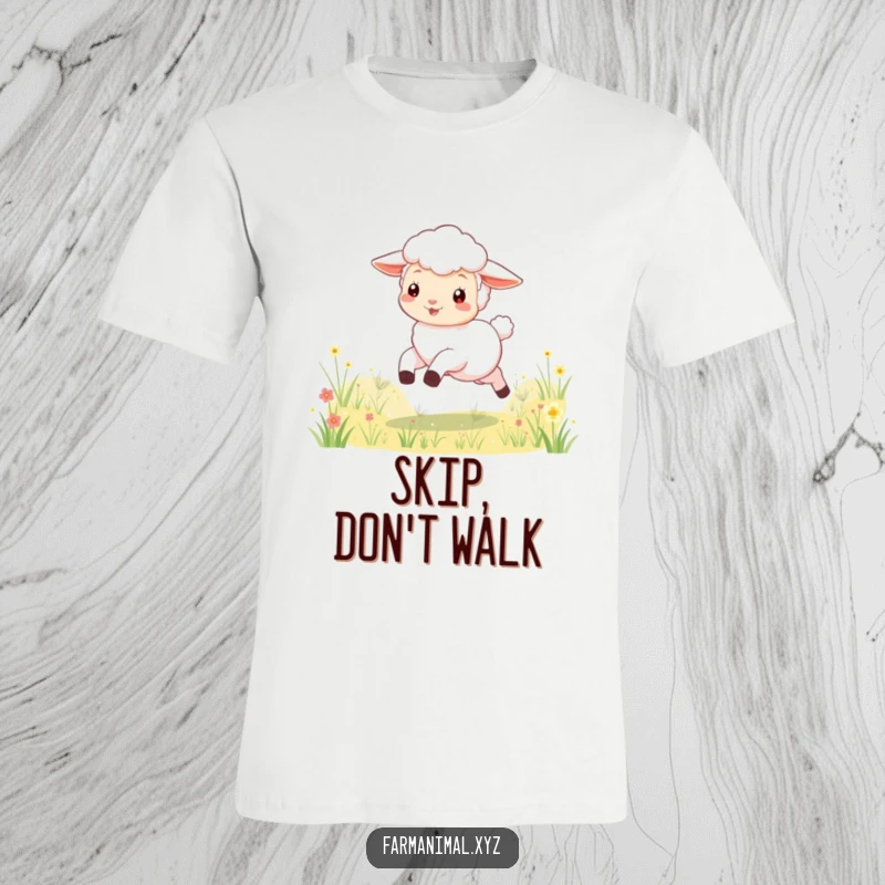 Funny lamb t-shirt depicting a playful character skipping gleefully through a lush meadow, embodying pure joy and whimsical charm.