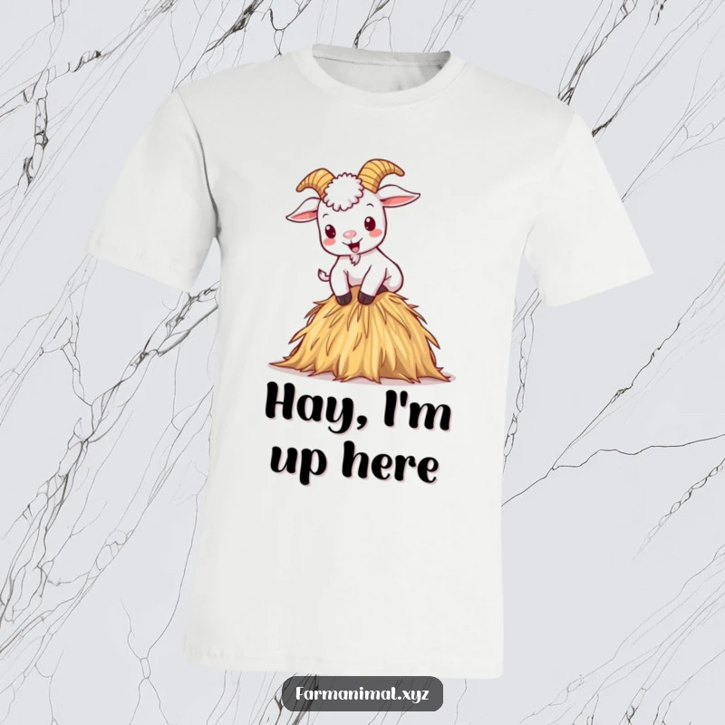 Funny t-shirt featuring a mischievous cartoon goat joyfully climbing a small haystack, full of glee.