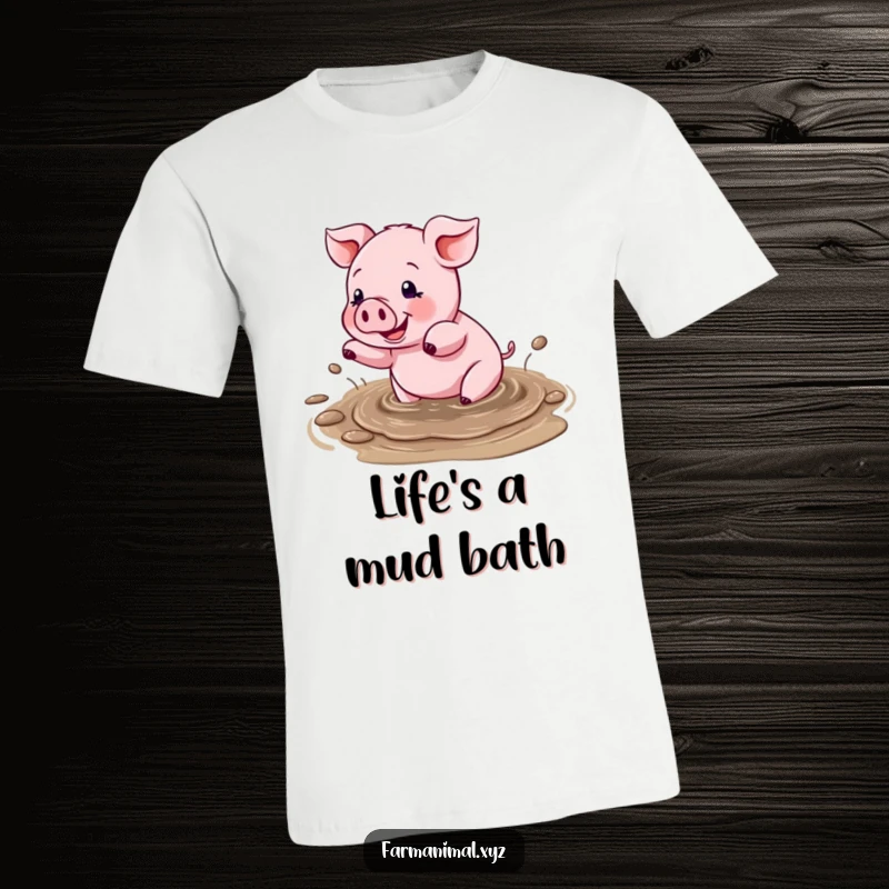 Funny t-shirt with a delighted pig enthusiastically splashing in a muddy puddle, capturing a moment of pure, messy happiness.
