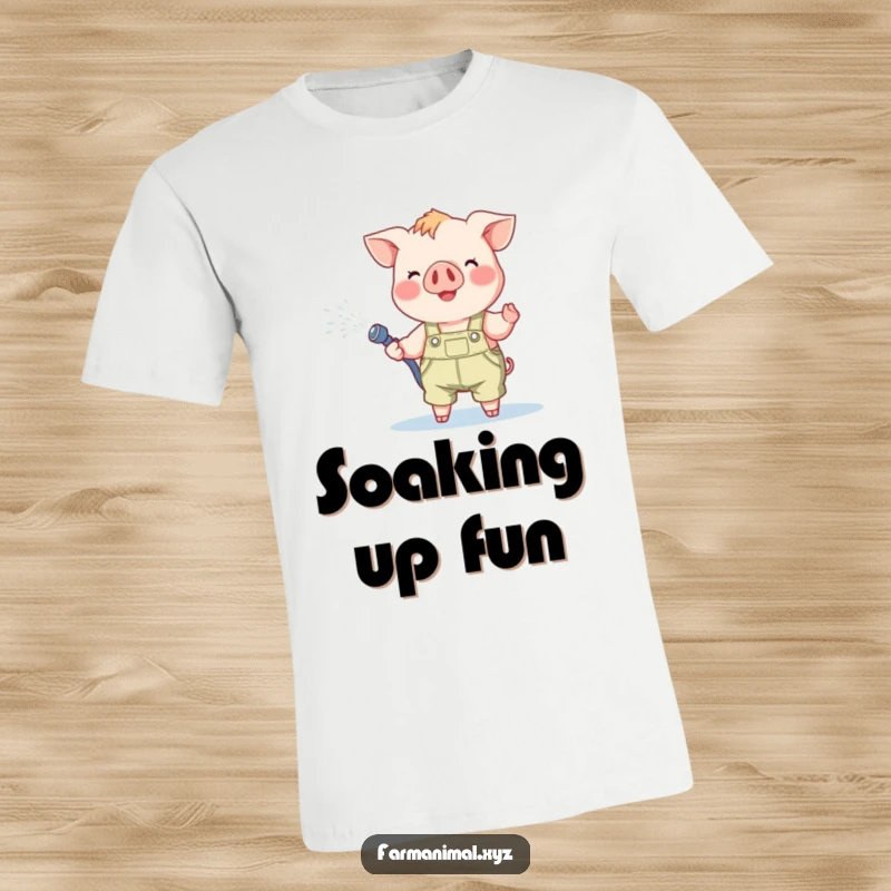 Funny Piglet T-Shirt: A cheerful piglet in overalls having a blast spraying water from a hose, radiating pure joy.