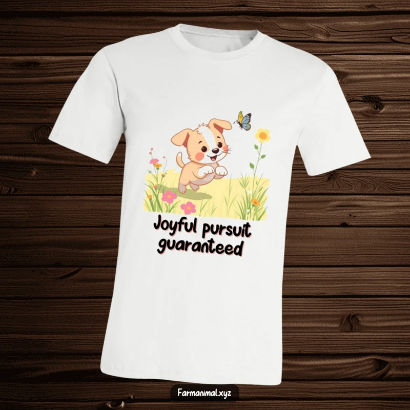 Funny puppy t-shirt featuring a playful dog chasing a butterfly through a vibrant, sunny meadow, radiating carefree fun.