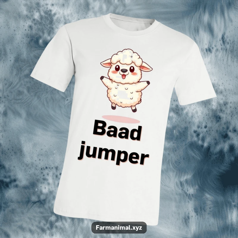 Funny Sheep T-Shirt featuring a fluffy sheep in a comically cute jump, capturing a moment of pure, lighthearted farm fun.