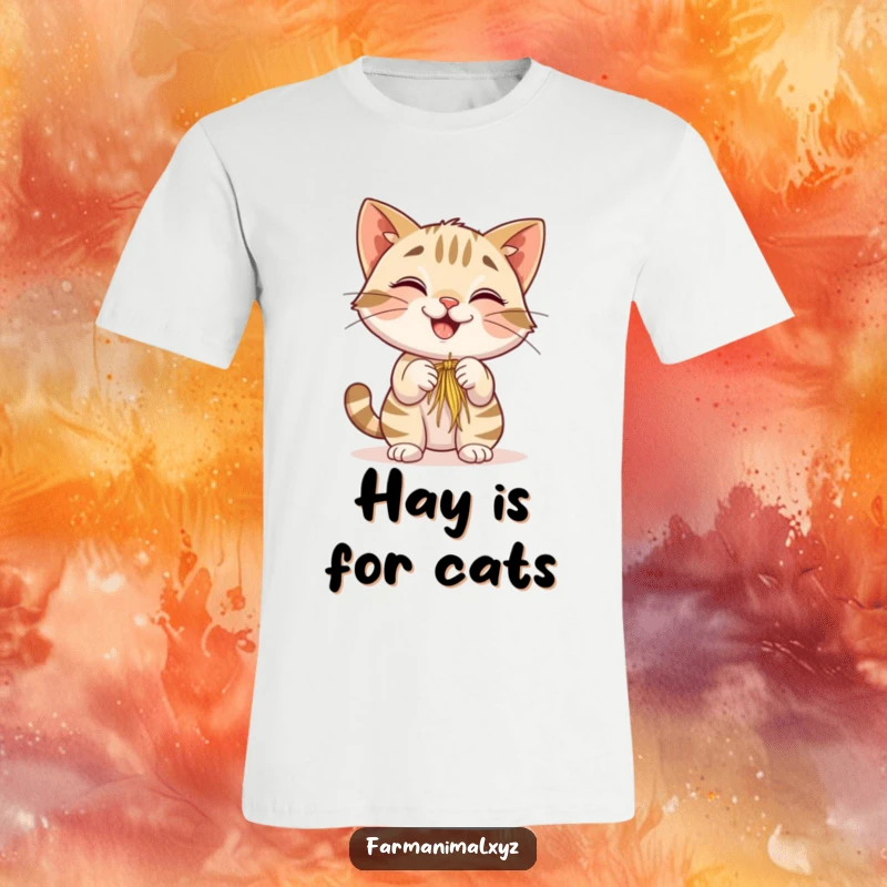 Funny Barn Cat T-Shirt featuring a smiling cat playfully swatting at a dangling piece of hay, capturing a moment of delightful farm mischief.