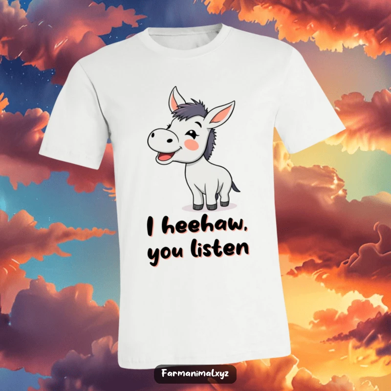 Funny donkey braying with glee on a t-shirt, showcasing unrestrained farm animal happiness.