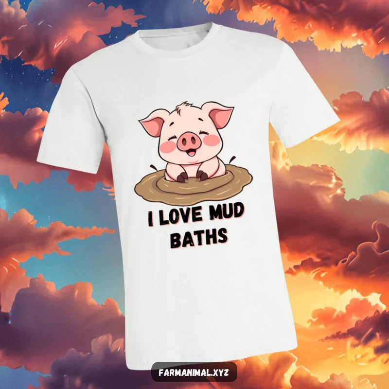 Funny cheerful pig happily rolling in a mud puddle, radiating pure bliss on a comfortable t-shirt.