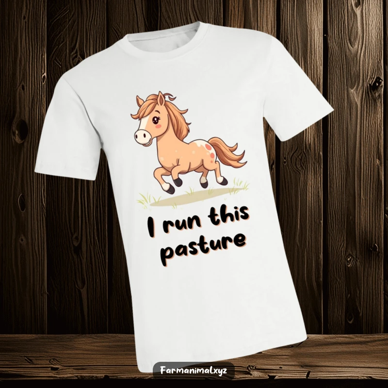 Happy Horse Galloping T-Shirt, a horse with a flowing mane gallops freely across a beautiful field, symbolizing freedom.