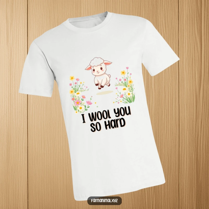 Funny t-shirt featuring a happy lamb energetically skipping amidst a beautiful meadow filled with blooming flowers, capturing pure delight.