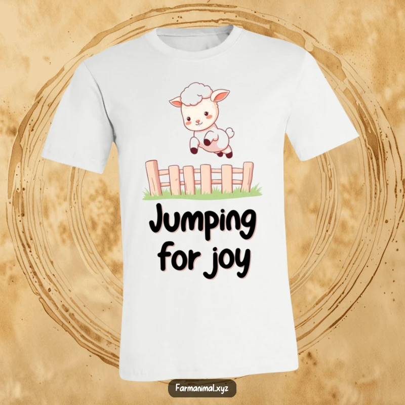 Funny Lamb T-Shirt featuring a happy lamb mid-air, joyfully leaping over a small wooden fence with energetic flair.