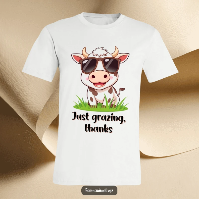 Funny cow wearing sunglasses, happily munching grass on a t-shirt, exuding cool vibes.