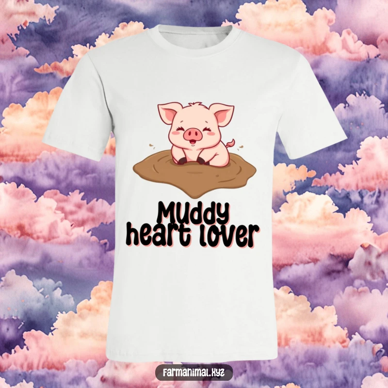 Funny t-shirt depicting a happy pig joyfully rolling in a heart-shaped mud puddle.