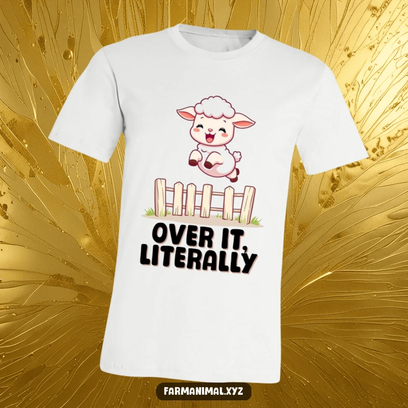 Funny playful lamb leaping over a fence with delight, featured on a comfortable t-shirt, a humorous and energetic farm design.