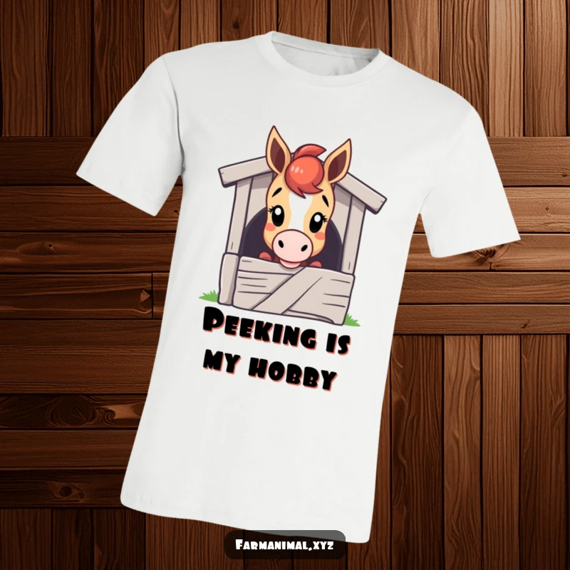 Funny horse t-shirt showcasing a curious horse character's head over a stable door, inviting viewers to share its inquisitiveness.