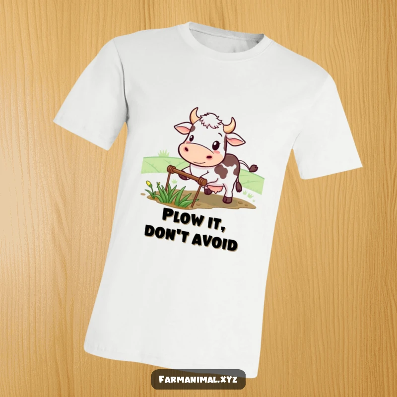 Funny cow t-shirt featuring a determined character happily plowing a small field, embodying strength and humorous farm spirit.