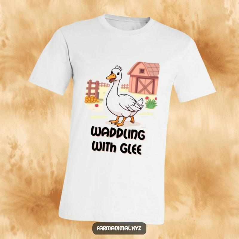 Funny Farm Goose T-Shirt showing a happy goose honking while waddling through the farm, comfortable and funny.
