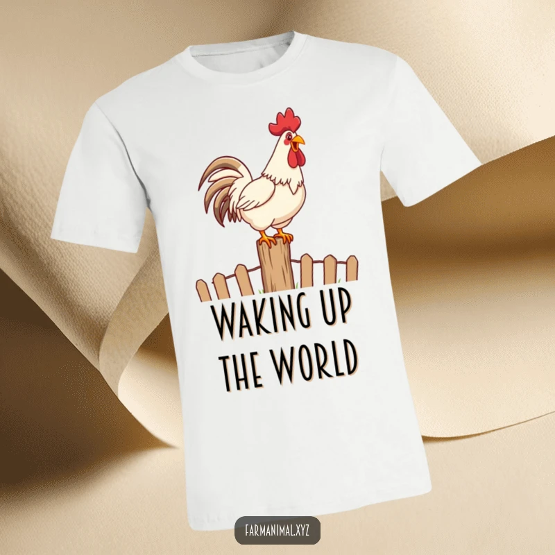 Funny Rooster Crowing T-Shirt showing a happy rooster loudly crowing on top of a fence post, bold and spirited.