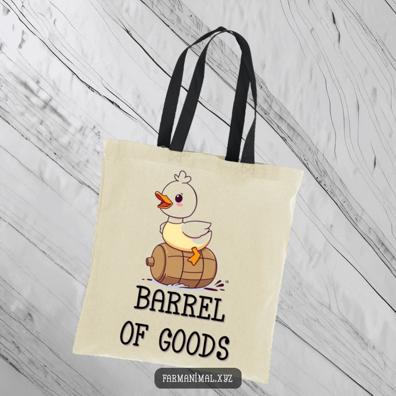 Funny Duck Tote Bag: A duck character gleefully riding on a rolling barrel, perfect for carrying essentials.