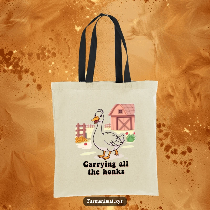 Funny Farm Goose Tote Bag with a happy goose honking while waddling through the farm, stylish and cheerful.