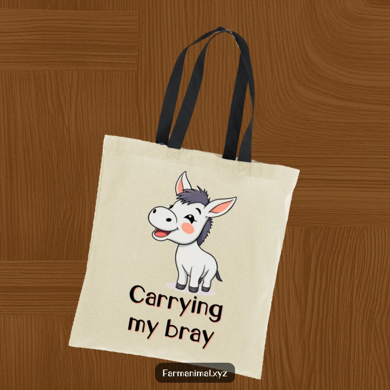 Funny donkey braying with glee on a tote bag, a humorous and practical accessory for farm enthusiasts.