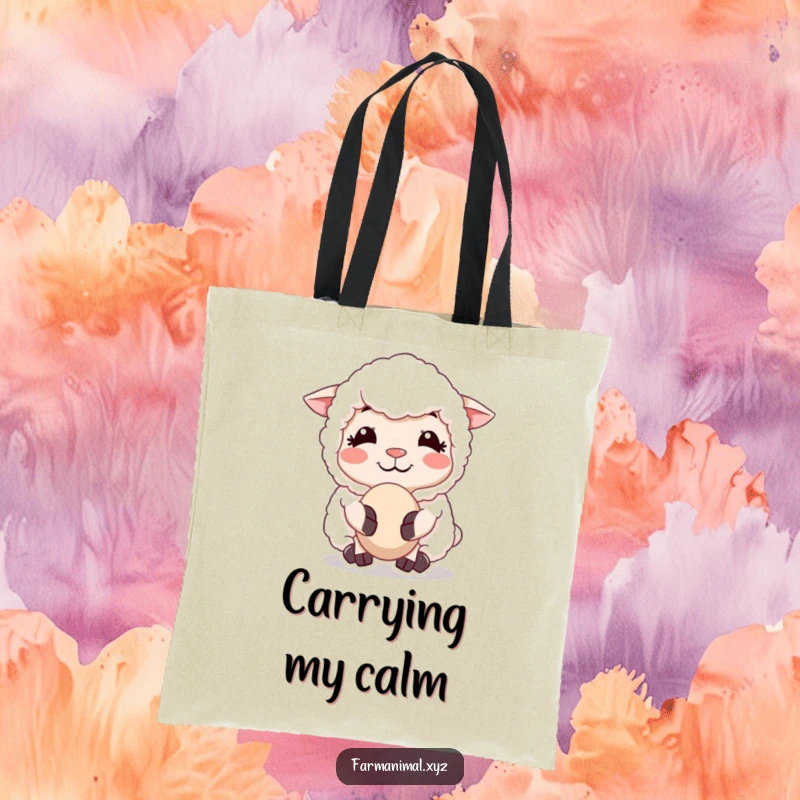 Funny Sheep Chewing Cud Tote Bag, illustrating a sheep's peaceful chew and smile, perfect for carrying your calm demeanor and farm-inspired smiles.