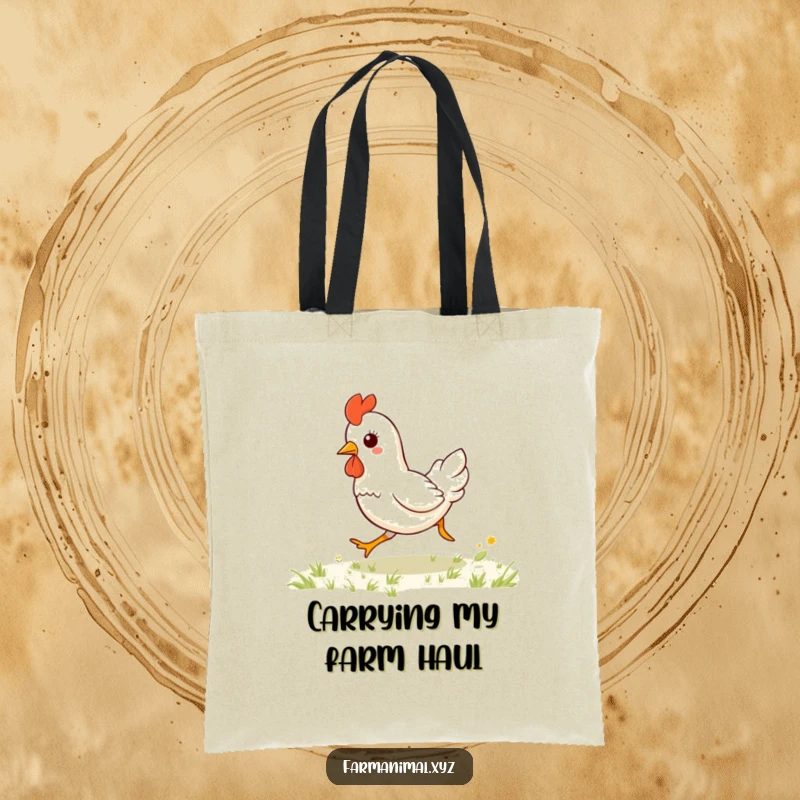 Funny kawaii chicken galloping enthusiastically on a durable tote bag, showcasing a humorous and cute farm animal print.