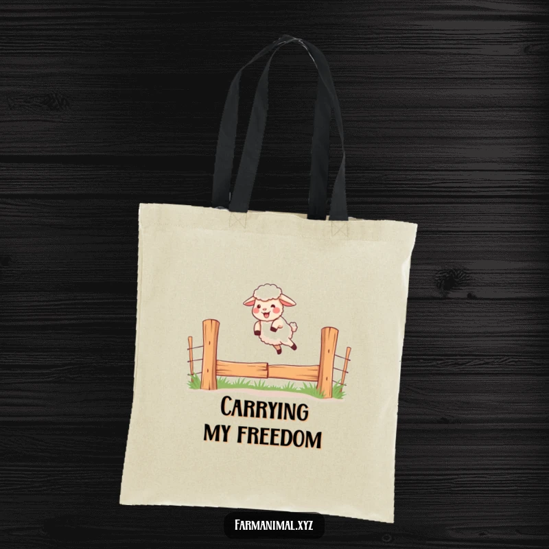 Funny tote bag with a giggling sheep jumping over a fence, perfect for carrying joyful items.