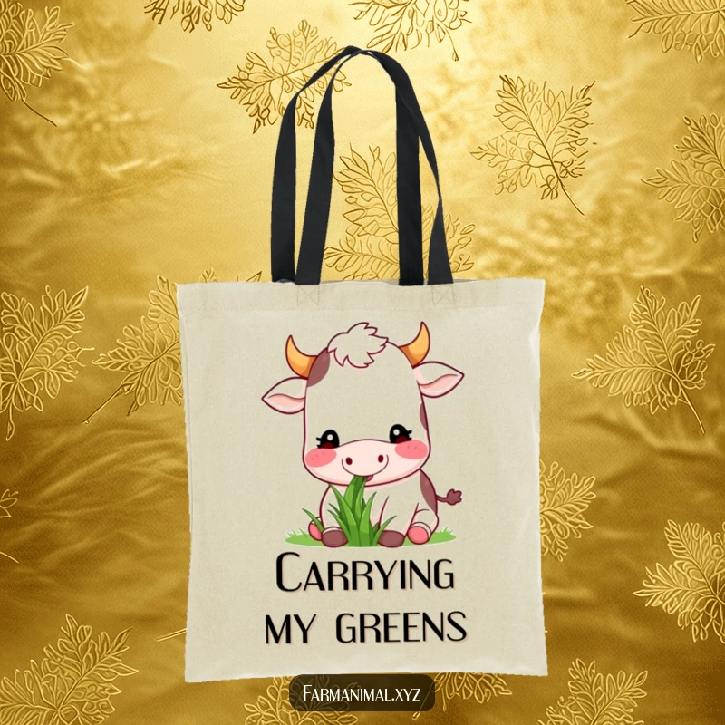 Funny happy cow munching on grass on a durable tote bag, showcasing humorous and serene farm animal art.