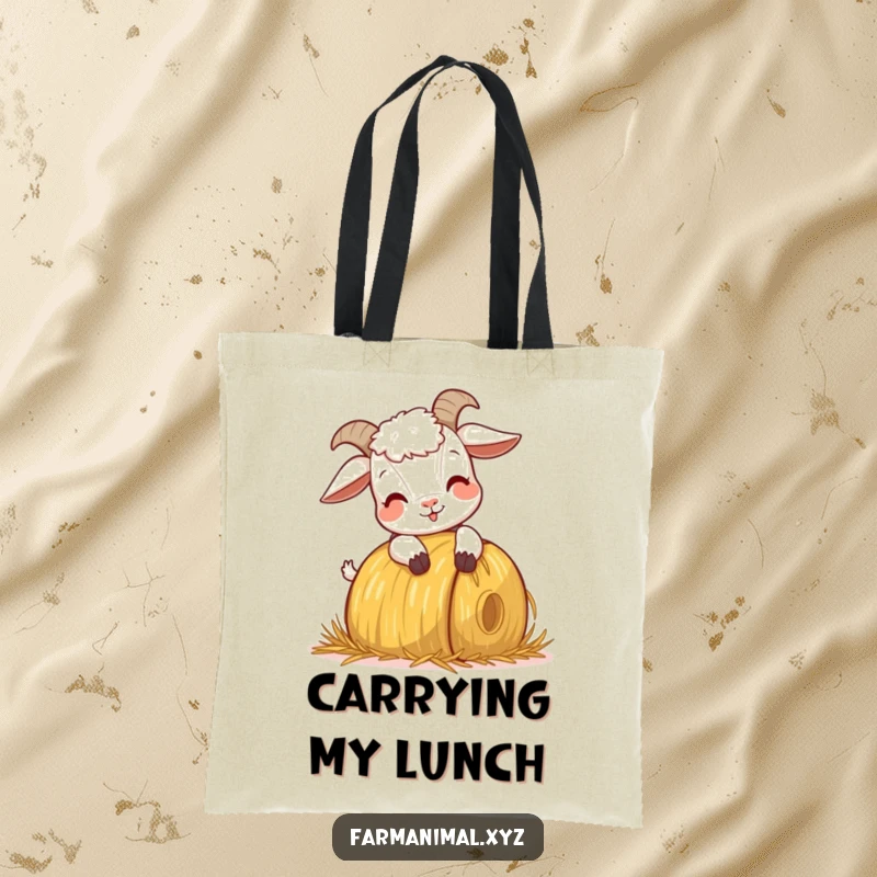 Funny Goat Headbutting Tote Bag, illustrating a goat's playful headbutt on a hay bale, a perfect accessory for carrying farm-inspired smiles.