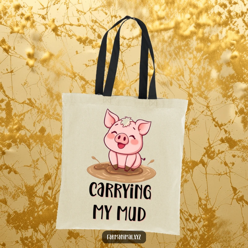 Funny Happy Pig Mud Tote Bag with a happy pig wallowing in mud, perfect for carrying groceries and smiles.