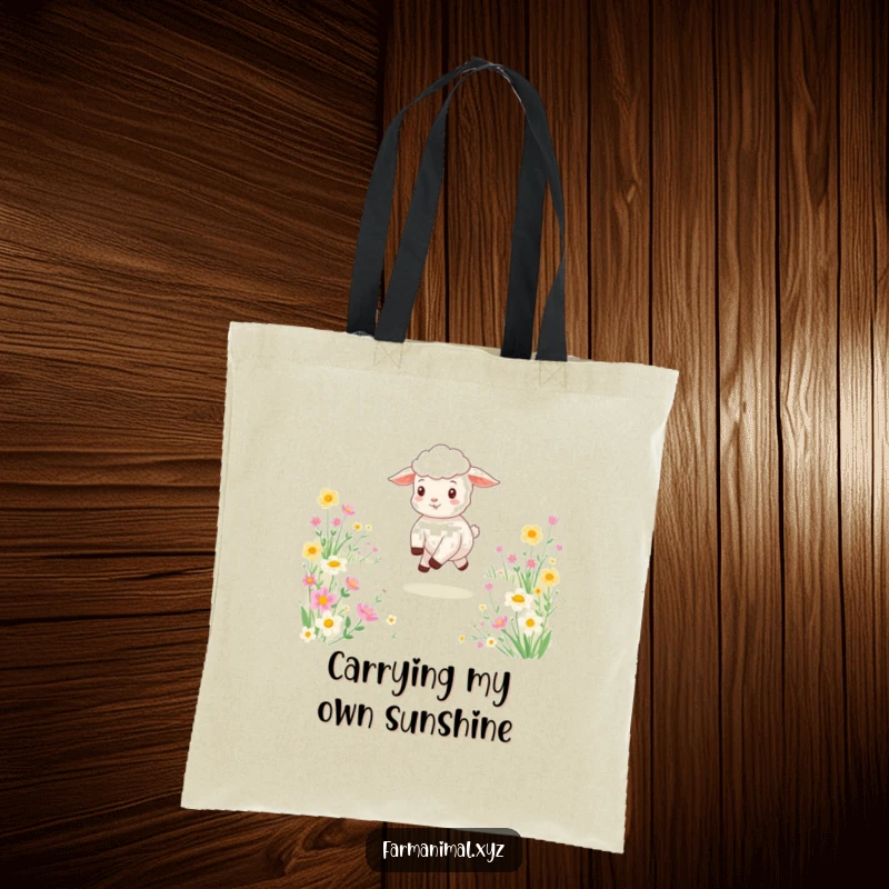 Funny tote bag depicting a cheerful lamb joyfully skipping through a picturesque field bursting with flowers, perfect for daily use.