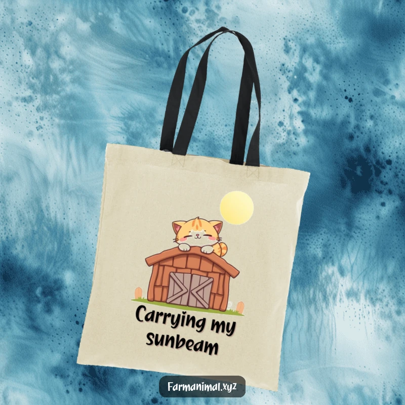 Funny cat tote bag with a smiling cat character happily napping on a warm, sunlit barn roof.