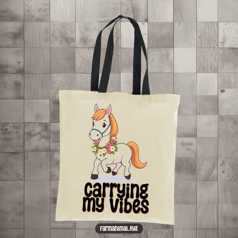 Funny Horse Tote Bag with a happy horse wearing a vibrant floral garland, perfect for carrying groceries or treasures.