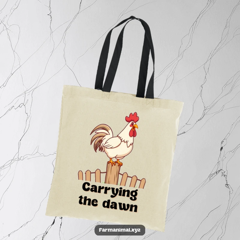 Funny Rooster Crowing Tote Bag with a happy rooster loudly crowing on top of a fence post, stylish and spirited.